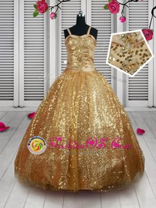 Top Selling Straps Sequins Floor Length Ball Gowns Sleeveless Gold Toddler Flower Girl Dress Lace Up