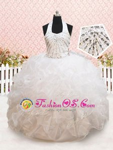 Captivating Halter Top White Sleeveless Beading and Ruffles Floor Length Toddler Flower Girl Dress