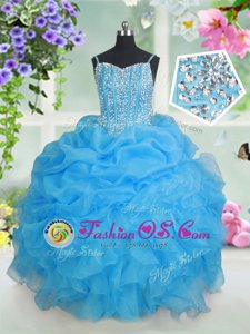 Pick Ups Spaghetti Straps Sleeveless Lace Up Child Pageant Dress Baby Blue Organza