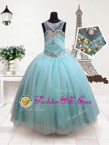 Discount Scoop Floor Length Zipper Toddler Flower Girl Dress Aqua Blue and In for Quinceanera and Wedding Party with Beading