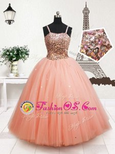 Designer Straps Peach Tulle Zipper Girls Pageant Dresses Sleeveless Floor Length Beading and Sequins