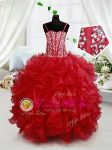 Captivating Sleeveless Lace Up Floor Length Beading and Ruffles Toddler Flower Girl Dress