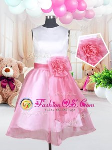 Adorable White and Pink And White A-line Scoop Sleeveless Organza Mini Length Zipper Hand Made Flower Little Girls Pageant Dress Wholesale