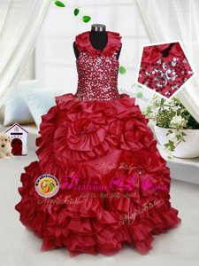 Extravagant Halter Top Floor Length Zipper Kids Formal Wear Wine Red and In for Quinceanera and Wedding Party with Beading and Ruffles and Sequins