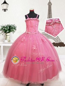 Ideal Straps Beading and Appliques Flower Girl Dresses for Less Hot Pink Zipper Sleeveless Floor Length
