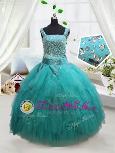 Square Turquoise Tulle Lace Up Little Girl Pageant Gowns Sleeveless Floor Length Beading and Ruffles and Belt
