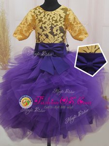 Great Scoop Short Sleeves Little Girls Pageant Dress Mini Length Lace and Ruffles and Bowknot Eggplant Purple and Gold Tulle