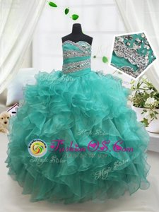 Turquoise Sleeveless Organza Lace Up Kids Formal Wear for Quinceanera and Wedding Party