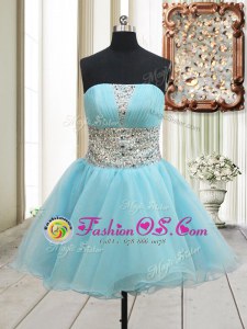 Aqua Blue Sleeveless Mini Length Beading Zipper Prom Dress