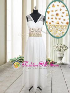 Traditional Column/Sheath Prom Dresses White V-neck Chiffon Sleeveless Ankle Length Zipper