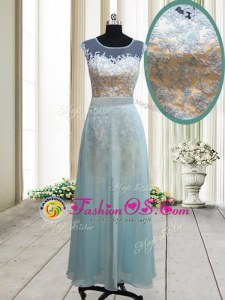 Scoop Light Blue Chiffon Backless Prom Evening Gown Cap Sleeves Ankle Length Lace