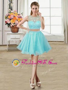 Decent Scoop Beading Cocktail Dresses Aqua Blue Zipper Sleeveless Mini Length