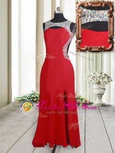 Red Elastic Woven Satin Backless Scoop Sleeveless Dress for Prom Brush Train Beading
