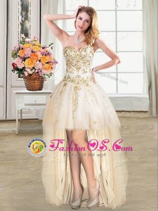 Comfortable Champagne Ball Gowns Tulle Sweetheart Sleeveless Beading High Low Lace Up Prom Dresses