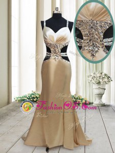Elegant Mermaid Champagne Criss Cross Straps Beading Evening Wear Elastic Woven Satin Sleeveless Sweep Train