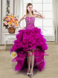 Fitting High Low Fuchsia Prom Evening Gown Organza Sleeveless Beading