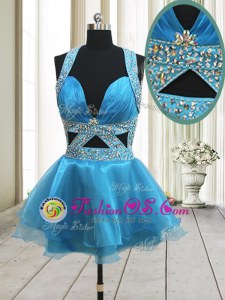 Halter Top Sleeveless Mini Length Beading Backless Prom Dresses with Baby Blue