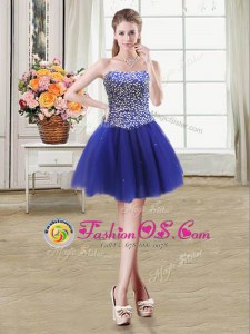 Beauteous Royal Blue Ball Gowns Strapless Sleeveless Tulle Mini Length Lace Up Beading Prom Party Dress
