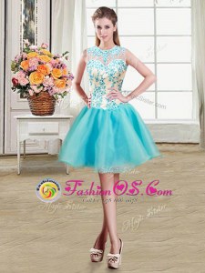 New Style Scoop See Through Aqua Blue Sleeveless Organza Zipper Junior Homecoming Dress for Military Ball and Sweet 16 and Quinceanera