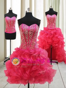 Hot Pink Organza Lace Up Prom Gown Sleeveless High Low Beading