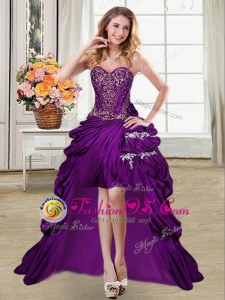 Super High Low Purple Prom Evening Gown Taffeta Sleeveless Beading and Appliques and Pick Ups