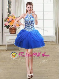 Royal Blue Prom Dresses Prom and Party and For with Beading and Pick Ups Halter Top Sleeveless Lace Up