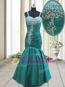 Sexy Mermaid Straps Floor Length Teal Prom Evening Gown Taffeta Sleeveless Beading and Ruching