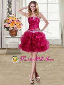 Organza Strapless Sleeveless Lace Up Beading and Ruffles in Fuchsia