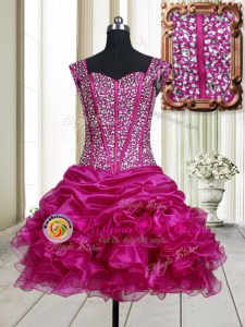 Shining Mini Length Fuchsia Homecoming Dress Straps Sleeveless Lace Up