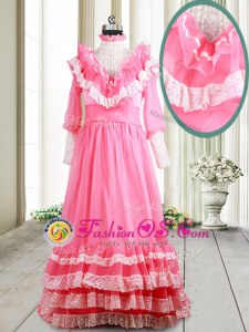 Deluxe Long Sleeves Beading and Lace and Ruffled Layers Zipper Homecoming Dresses with Pink Brush Train