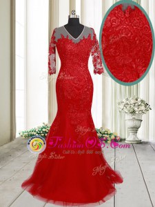 Mermaid Clasp Handle V-neck Half Sleeves Homecoming Dress With Brush Train Lace Red Tulle