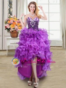 Glittering Eggplant Purple Sleeveless Organza Lace Up Prom Gown for Prom and Party