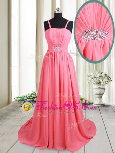 Straps Pink Sleeveless Chiffon Brush Train Lace Up Prom Gown for Prom