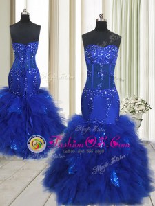 Dazzling Mermaid Royal Blue Sleeveless Beading and Ruffles Floor Length Evening Dress