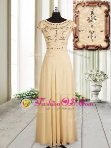 Scoop Cap Sleeves Evening Dress Floor Length Beading Champagne Chiffon