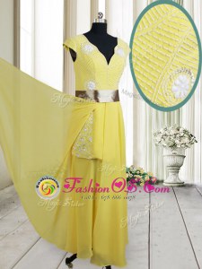 Empire Prom Dress Yellow V-neck Chiffon Cap Sleeves Floor Length Zipper