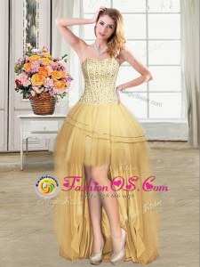 Designer Sequins Gold Sleeveless Tulle Lace Up Evening Dress for Prom and Party