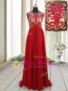 Red Backless Scoop Appliques Hoco Dress Chiffon Sleeveless Brush Train