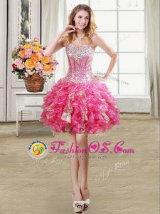 Captivating Sleeveless Organza Mini Length Lace Up Prom Dress in Hot Pink for with Beading and Ruffles and Sequins