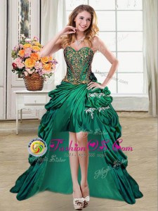 Fitting High Low Lace Up Prom Gown Dark Green and In for Prom and Party with Beading and Appliques and Pick Ups