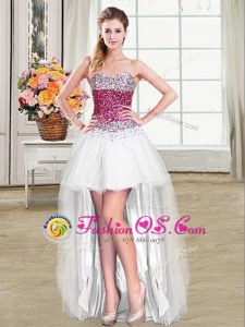 White Tulle Lace Up Celebrity Inspired Dress Sleeveless High Low Beading