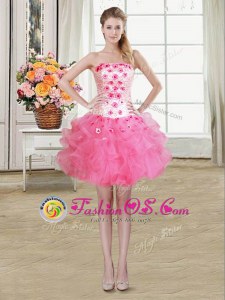 Glamorous Rose Pink Organza Lace Up Strapless Sleeveless Mini Length Hoco Dress Beading and Appliques and Ruffles