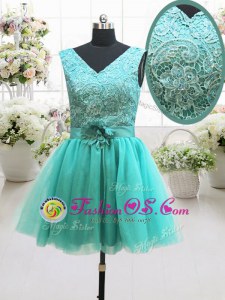Free and Easy Turquoise V-neck Neckline Beading and Lace and Belt and Hand Made Flower Homecoming Dress Sleeveless Lace Up