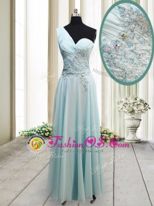 Best One Shoulder Ankle Length Side Zipper Hoco Dress Light Blue and In for Prom and Party with Beading and Appliques
