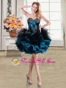 Sleeveless Organza and Tulle Mini Length Lace Up Prom Gown in Blue And Black for with Beading and Ruffles and Hand Made Flower