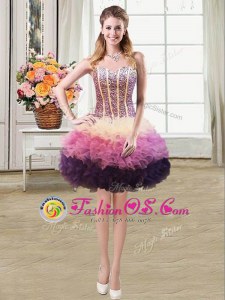 Lovely Organza and Tulle Sweetheart Sleeveless Lace Up Beading and Ruffles and Hand Made Flower Dress for Prom in Red