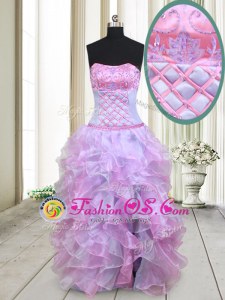 Inexpensive Multi-color Organza Lace Up Strapless Sleeveless Floor Length Prom Dress Beading and Ruffles