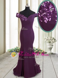 Dark Purple Mermaid Chiffon Off The Shoulder Sleeveless Beading and Sequins Zipper Brush Train
