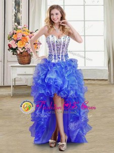 Modest Blue Prom Dresses Prom and Party and For with Beading and Ruffles Sweetheart Sleeveless Lace Up
