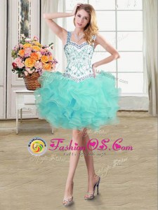 Sophisticated Straps Aqua Blue Organza Lace Up Prom Dresses Sleeveless Mini Length Beading and Ruffles